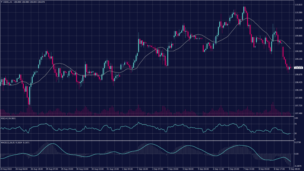 US dollar index daily chart shows support at 108.50 and 107.05 on the daily chart.