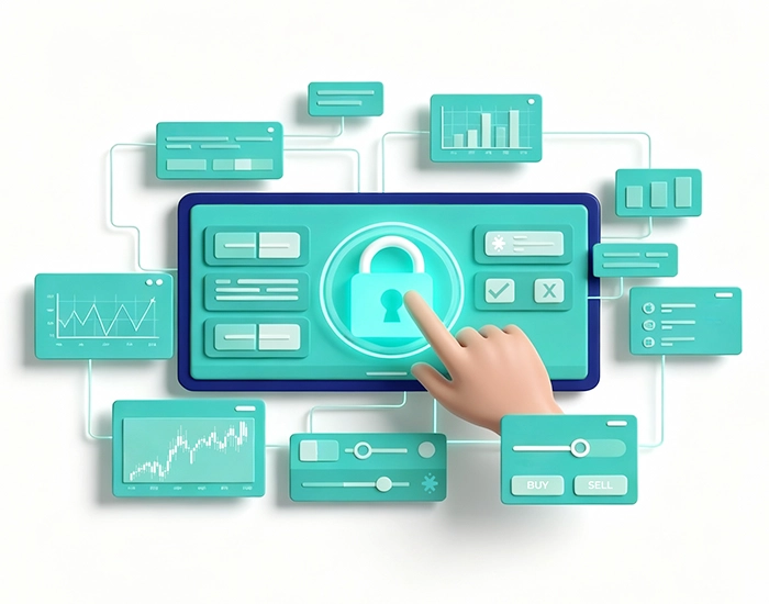 secure web trading platform dashboard with a hand tapping